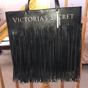Victoria Secret Black Leather Fringe LG Tote Bag